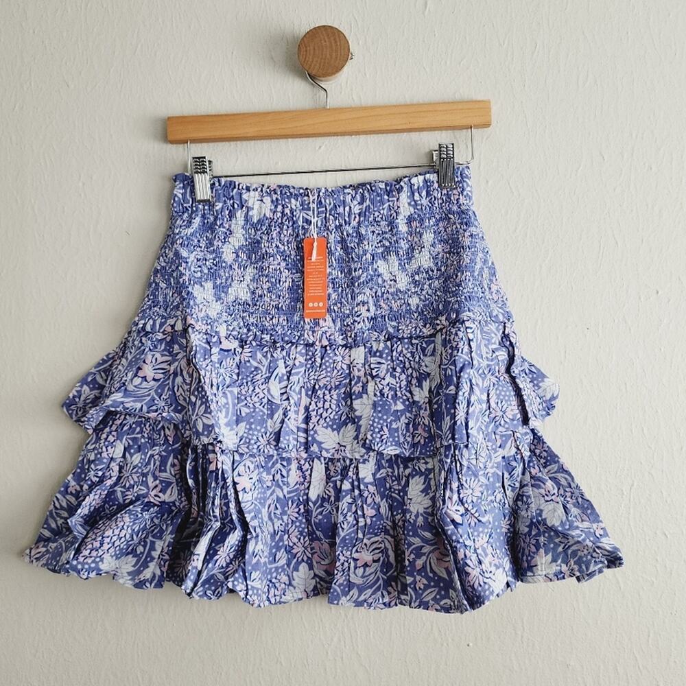 Sundry Wild Floral Smocked Tiered Mini Skirt Purple Pink Cotton Gauze NWT M